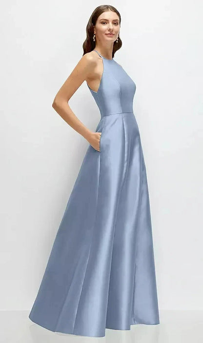 Jewel Neck Halter Full A-Line Satin Maxi Dress in Cloudy