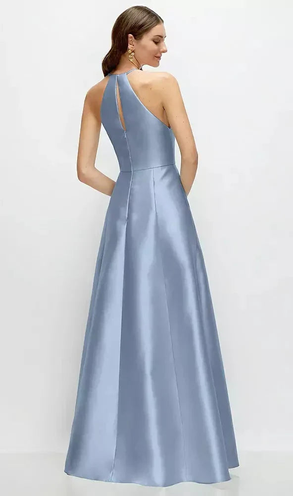 Jewel Neck Halter Full A-Line Satin Maxi Dress in Cloudy