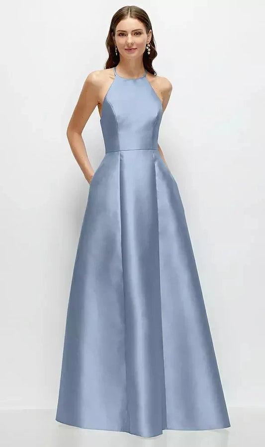 Jewel Neck Halter Full A-Line Satin Maxi Dress in Cloudy