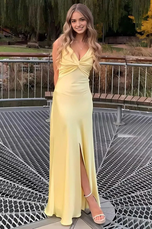 Elegant Knot-Front High-Slit Maxi Evening Dress & Open-Back Bow-Tie Satin Maxi Evening Dress