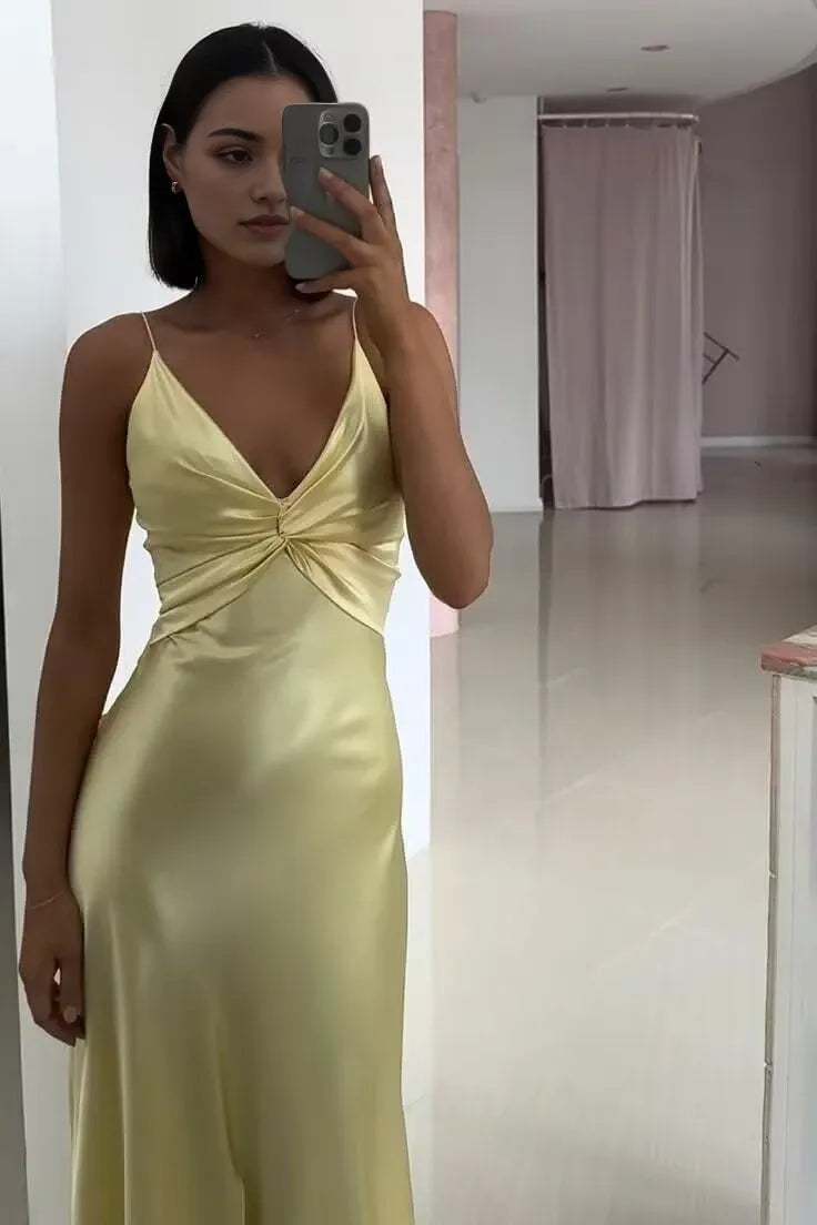 Elegant Knot-Front High-Slit Maxi Evening Dress & Open-Back Bow-Tie Satin Maxi Evening Dress
