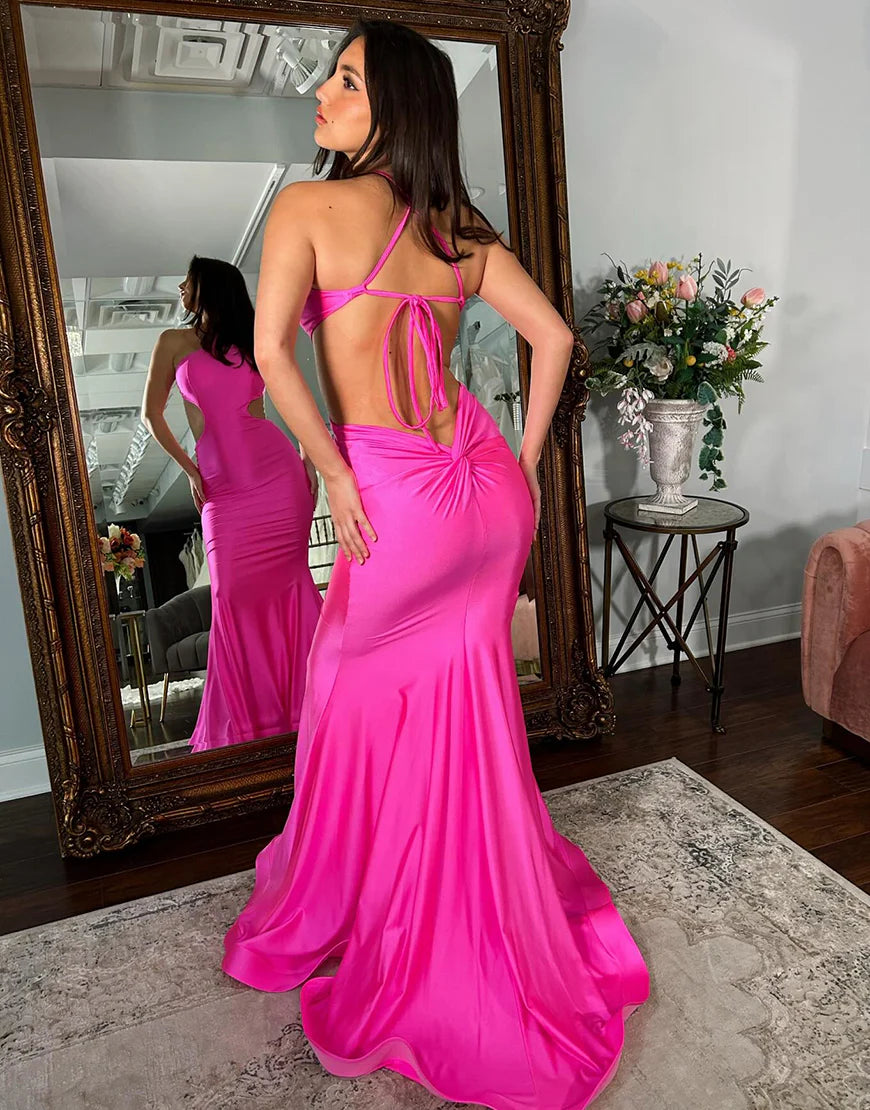 Fuchsia Mermaid Satin Halter Lace-Up Back Long Prom Dress