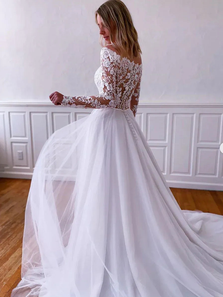 Lace Tulle Floor-Length Evening Dress White Off-Shoulder Long-Sleeve for Women
