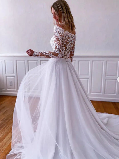 Lace Tulle Floor-Length Evening Dress White Off-Shoulder Long-Sleeve for Women
