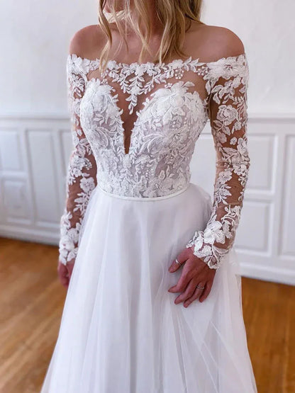 Lace Tulle Floor-Length Evening Dress White Off-Shoulder Long-Sleeve for Women