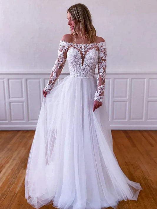 Lace Tulle Floor-Length Evening Dress White Off-Shoulder Long-Sleeve for Women