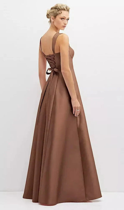 Lace-Up Back Bustier Satin Dress with Full Skirt and Pockets in Cognac