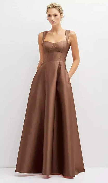 Lace-Up Back Bustier Satin Dress with Full Skirt and Pockets in Cognac