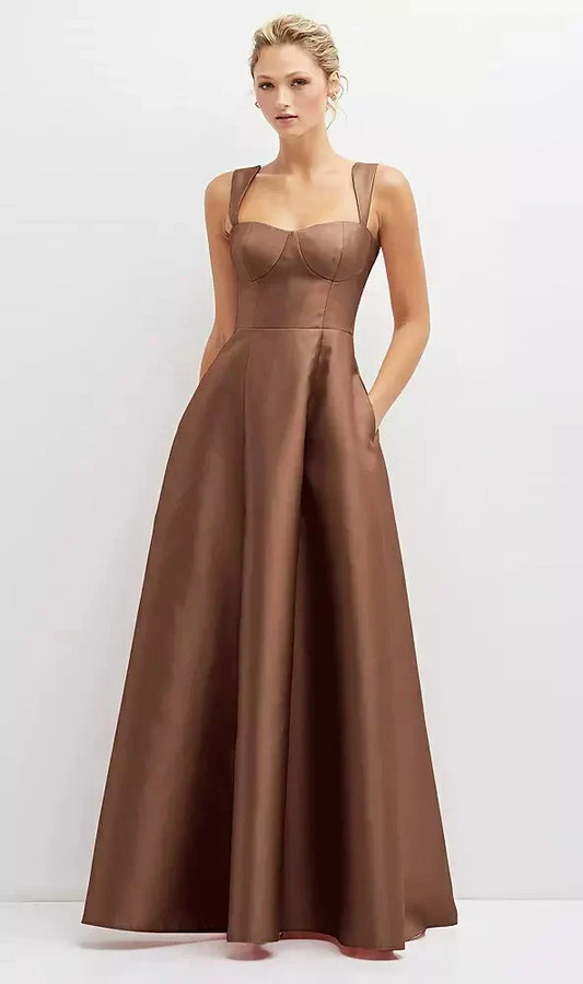 Lace-Up Back Bustier Satin Dress with Full Skirt and Pockets in Cognac