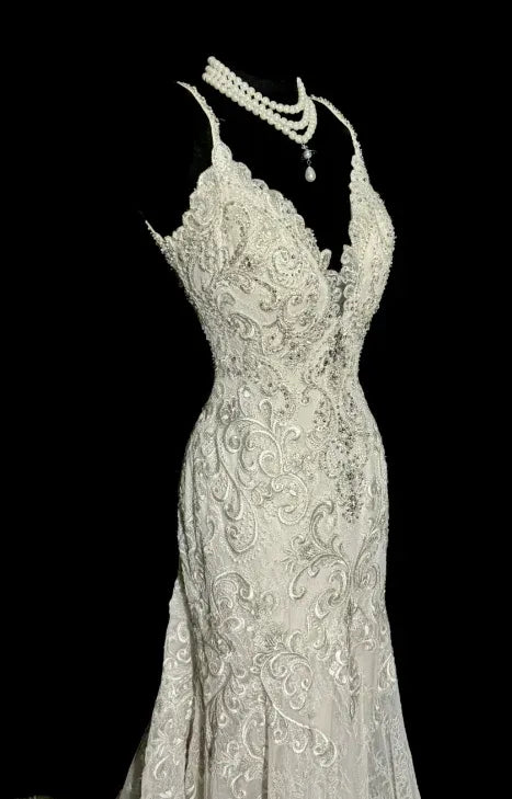 Lace Bridal Mermaid Halter V-Neck Backless Ivory Maxi Prom Dress for Women ready to ship