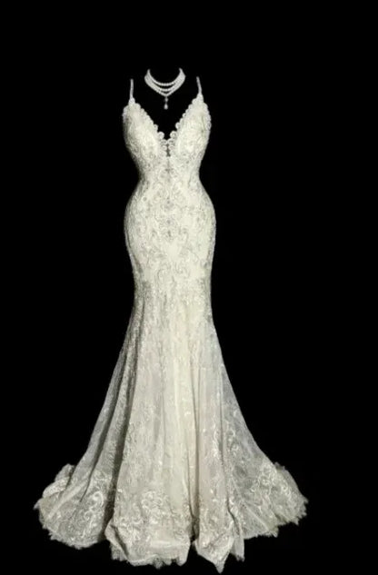 Lace Bridal Mermaid Halter V-Neck Backless Ivory Maxi Prom Dress for Women ready to ship
