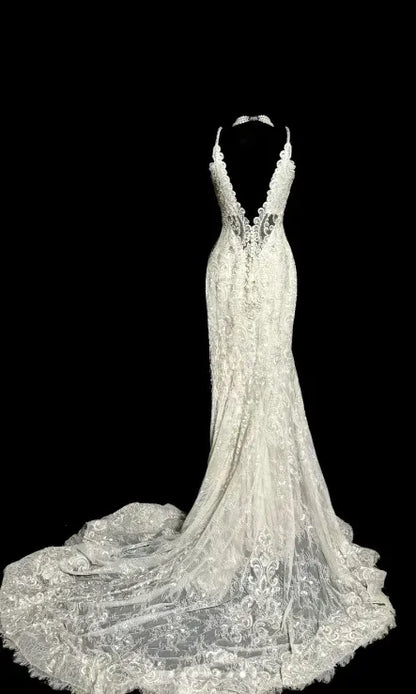 Lace Bridal Mermaid Halter V-Neck Backless Ivory Maxi Prom Dress for Women ready to ship