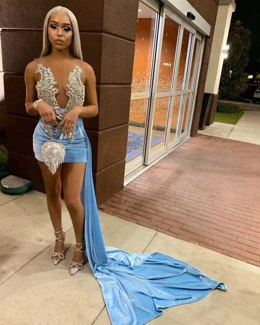 Light Blue Deep V Beaded Sheer Bodice Side Train Velvet Mini Prom Dress