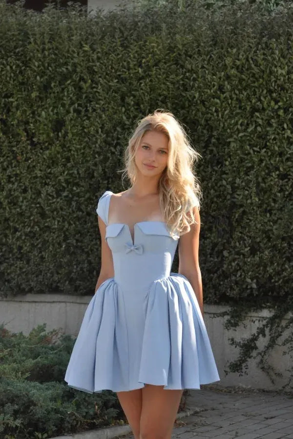 Light Blue Off Shoulder Bow A-Line Short Homecoming Dress