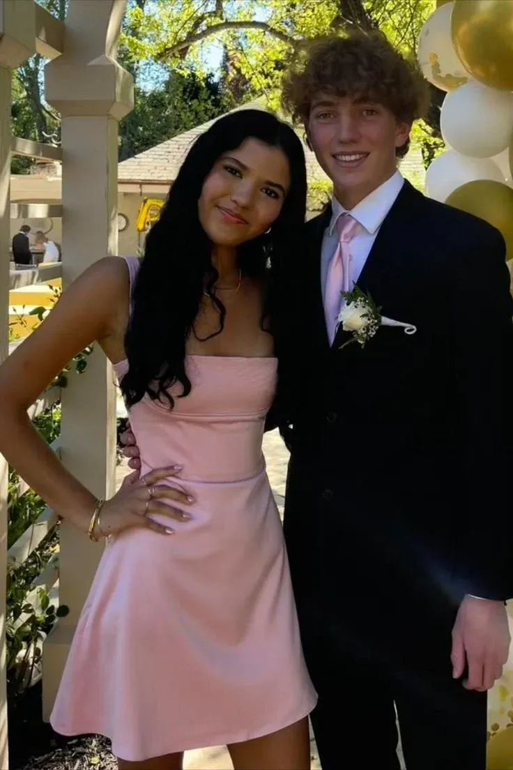 Light Blue Square Neck Bow Back Satin Short Homecoming Dress