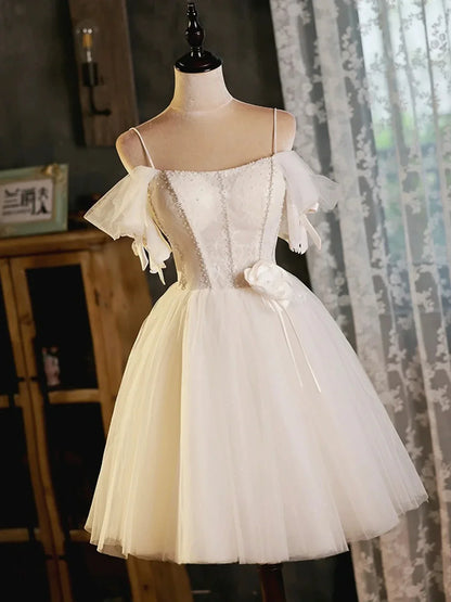 Light Champagne Spaghetti Strap Tulle Party Dress Beautiful A-Line Evening Prom Dress