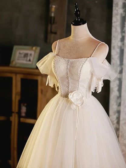 Light Champagne Spaghetti Strap Tulle Party Dress Beautiful A-Line Evening Prom Dress
