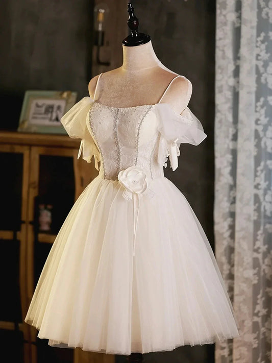 Light Champagne Spaghetti Strap Tulle Party Dress Beautiful A-Line Evening Prom Dress