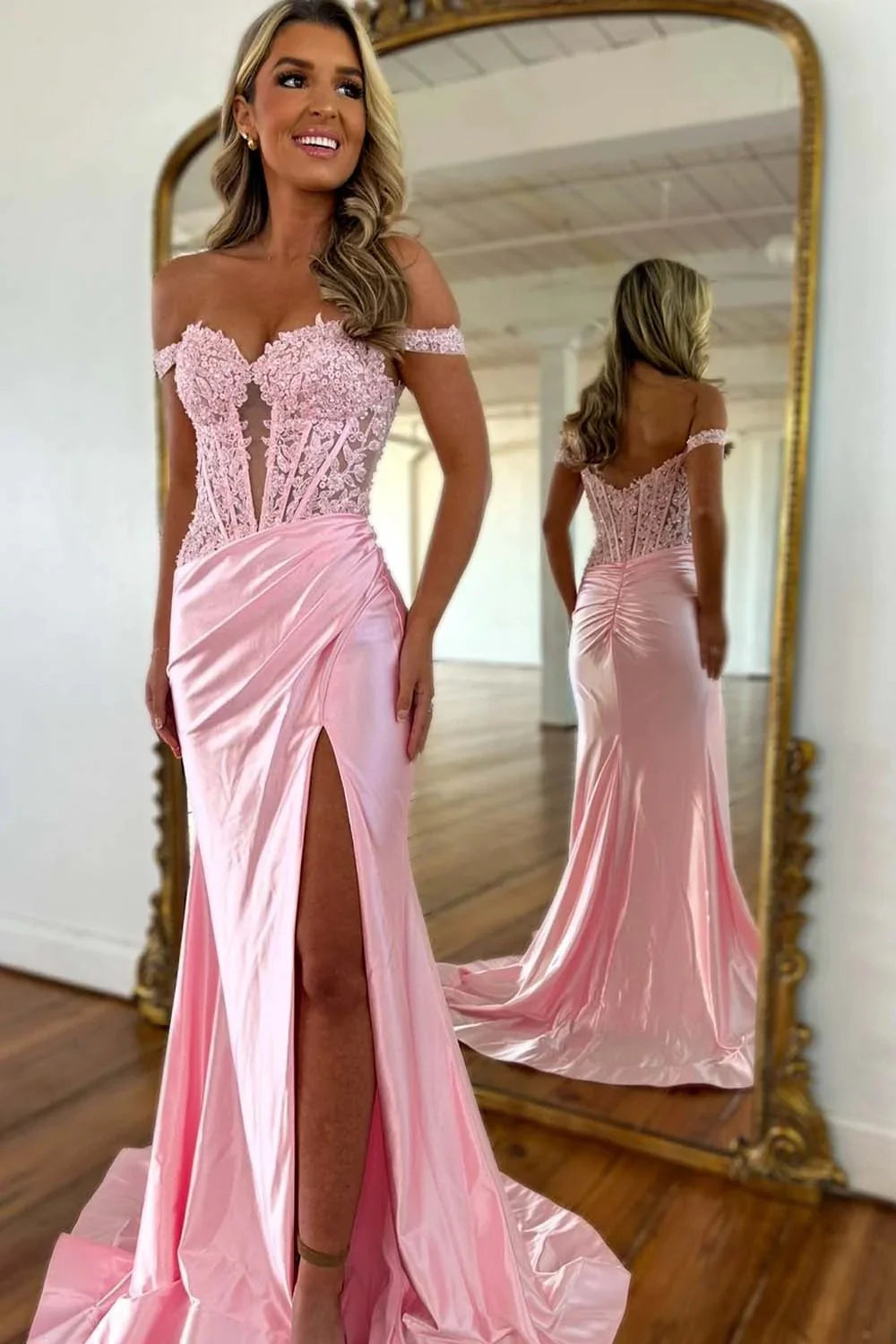Light Pink Off the Shoulder Prom Dress with Slit