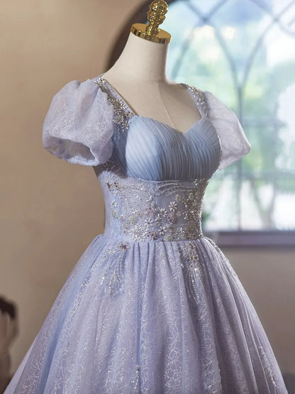 Light Purple Tulle Short Sleeves Homecoming Dress Beautiful Knee Length Prom Party Dress