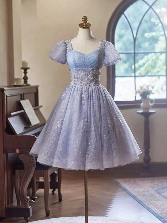 Light Purple Tulle Short Sleeves Homecoming Dress Beautiful Knee Length Prom Party Dress