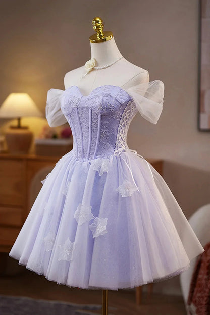 Lilac Lace Off the Shoulder Short Prom Dress A-Line Birthday Party Dress