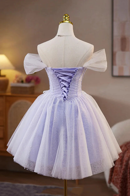 Lilac Lace Off the Shoulder Short Prom Dress A-Line Birthday Party Dress