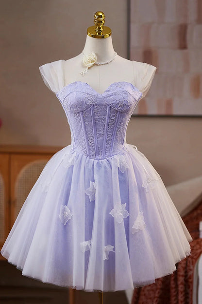 Lilac Lace Off the Shoulder Short Prom Dress A-Line Birthday Party Dress