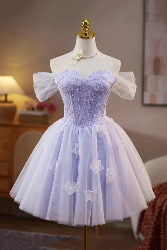 Lilac Lace Off the Shoulder Short Prom Dress A-Line Birthday Party Dress