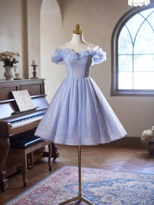 Lilac Tulle Knee Length Prom Dress Lovely A-Line Off the Shoulder Evening Party Dress