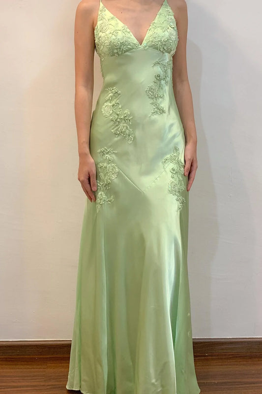 Lime Green Appliques Soft Satin Maxi Dress V Neck Backless Party Dress Prom Dress With Applique