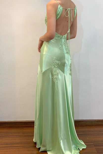 Lime Green Appliques Soft Satin Maxi Dress V Neck Backless Party Dress Prom Dress With Applique