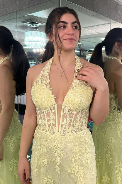 Long Halter Mermaid Lace Pastel Yellow Prom Dresses