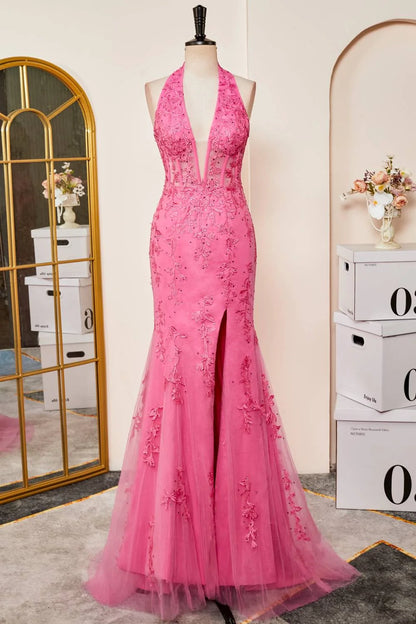 Long Halter Mermaid Lace Pastel Yellow Prom Dresses