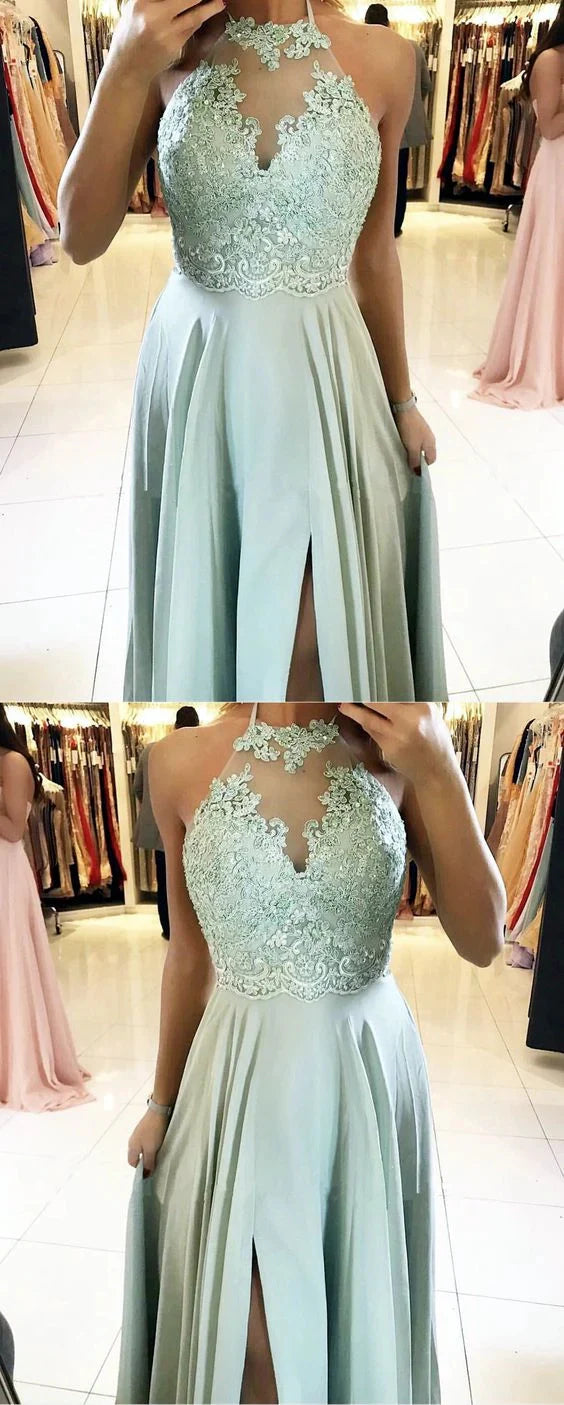 Long Halter Sage Green Prom Dresses Lace Chiffon Formal Dresses