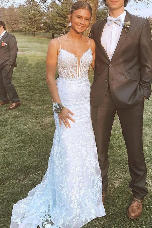 Long Lace Corset White Formal Dresses Mermaid Spaghetti Straps