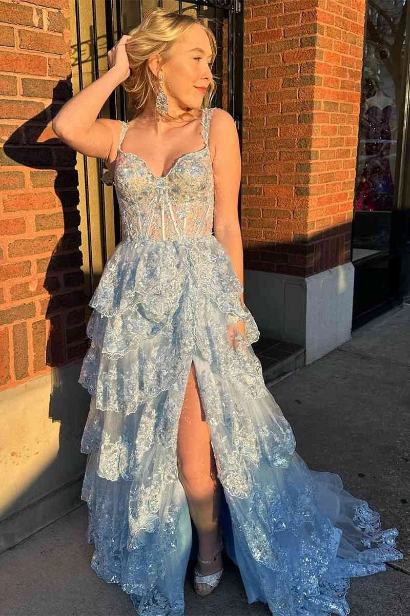 Long Light Blue Corset Lace Prom Gowns Tiered Tulle Formal Graduation Dress