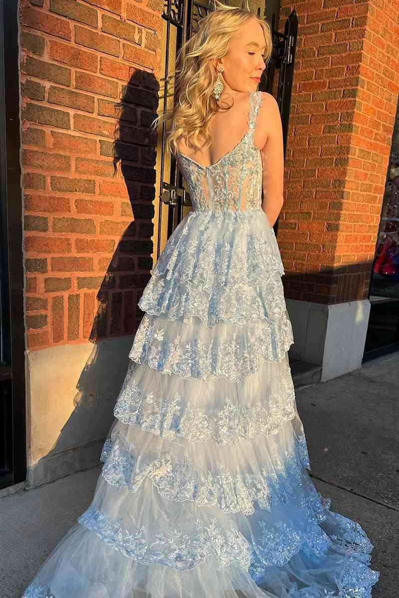 Long Light Blue Corset Lace Prom Gowns Tiered Tulle Formal Graduation Dress