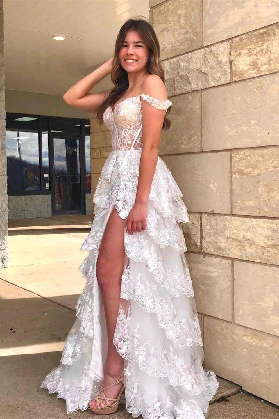 Long Light Blue Corset Lace Prom Gowns Tiered Tulle Formal Graduation Dress
