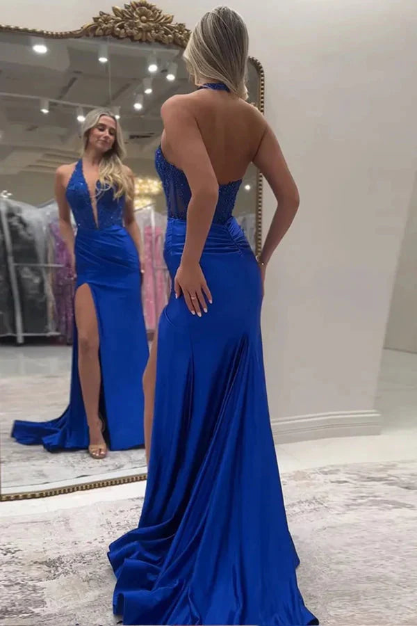 Long Mermaid Halter Black Prom Dresses Lace V-Neck