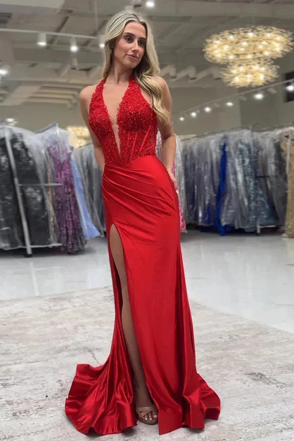 Long Mermaid Halter Black Prom Dresses Lace V-Neck