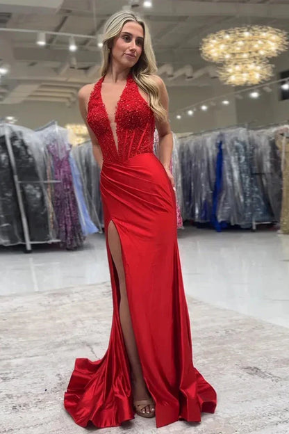 Long Mermaid Halter Black Prom Dresses Lace V-Neck