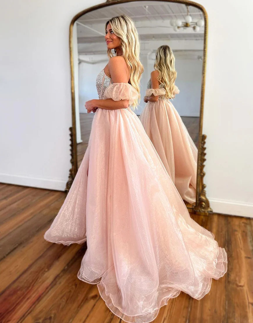Pink A Line Princess Dress Off The Shoulder Sequins Long Prom Dress