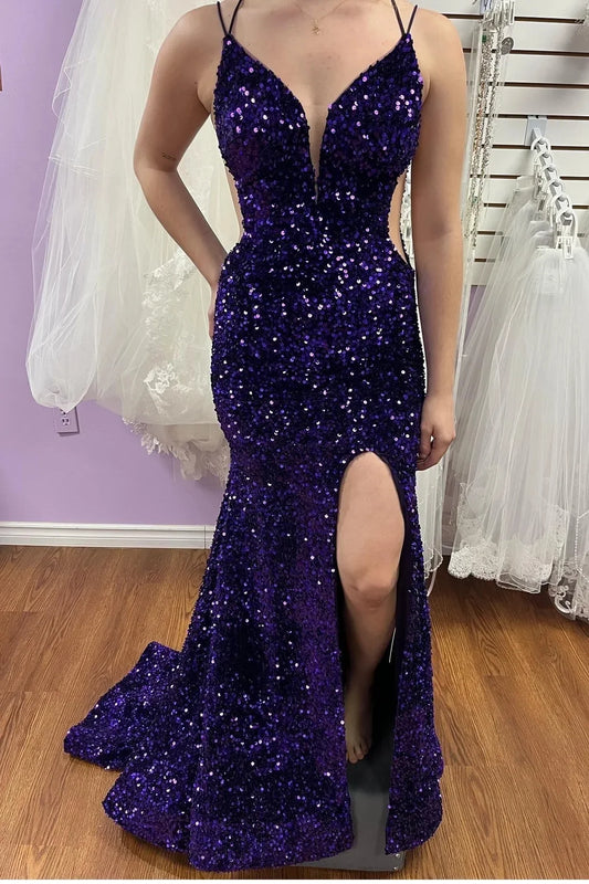 Long Purple Sequin Evening Gown UK Mermaid Straps Lace Up Back