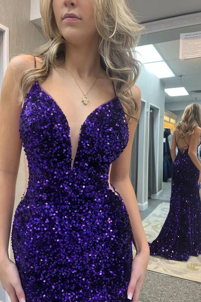 Long Purple Sequin Evening Gown UK Mermaid Straps Lace Up Back