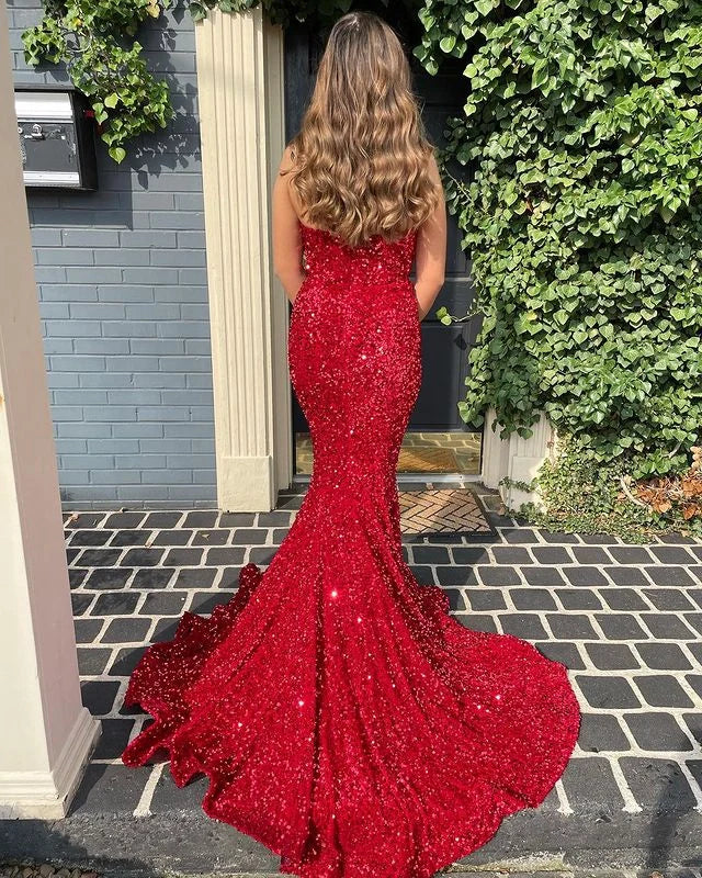 Long Red Prom Dresses Glitter Sequin Mermaid Evening Dress
