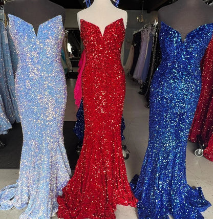 Long Red Prom Dresses Glitter Sequin Mermaid Evening Dress