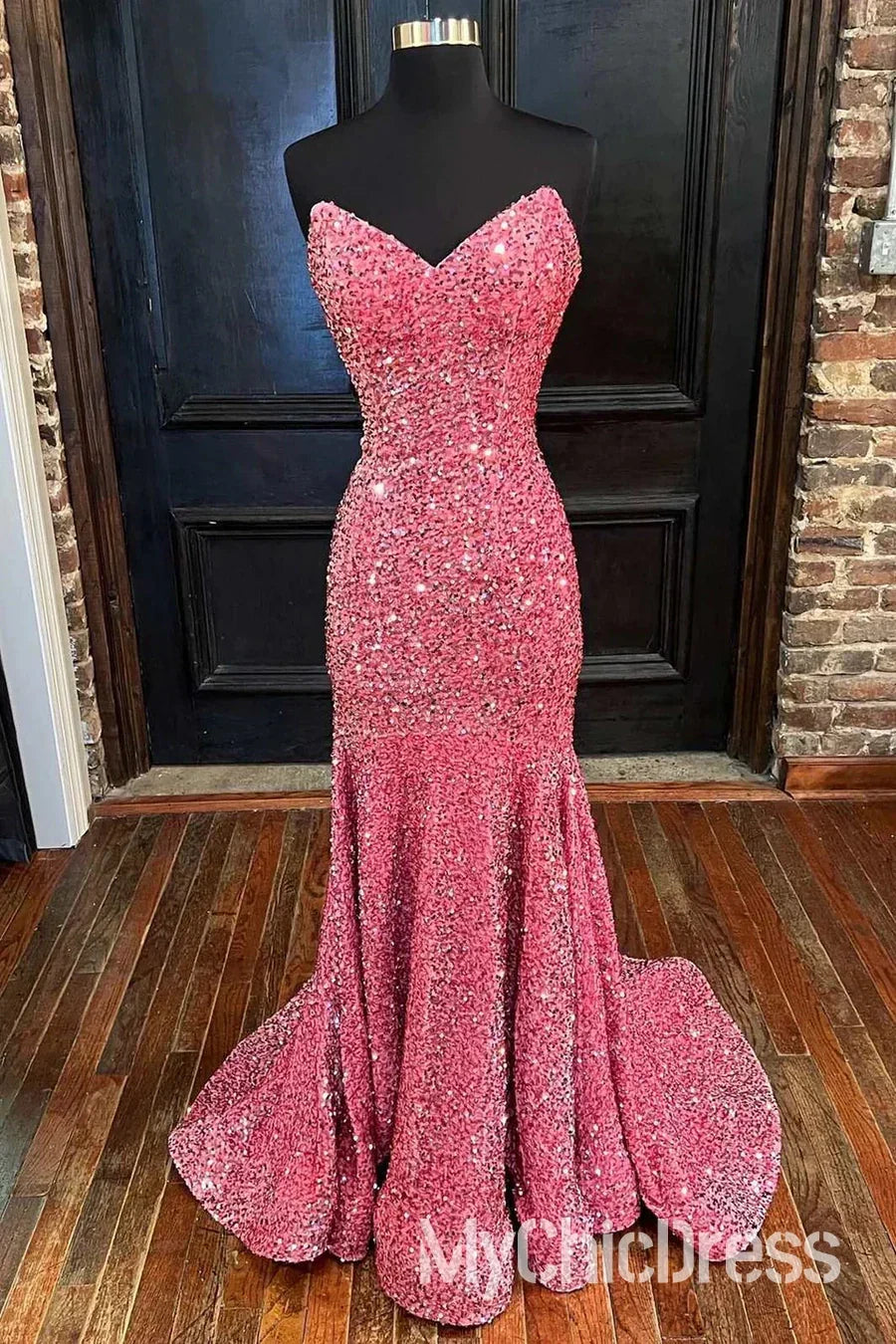Long Red Prom Dresses Glitter Sequin Mermaid Evening Dress