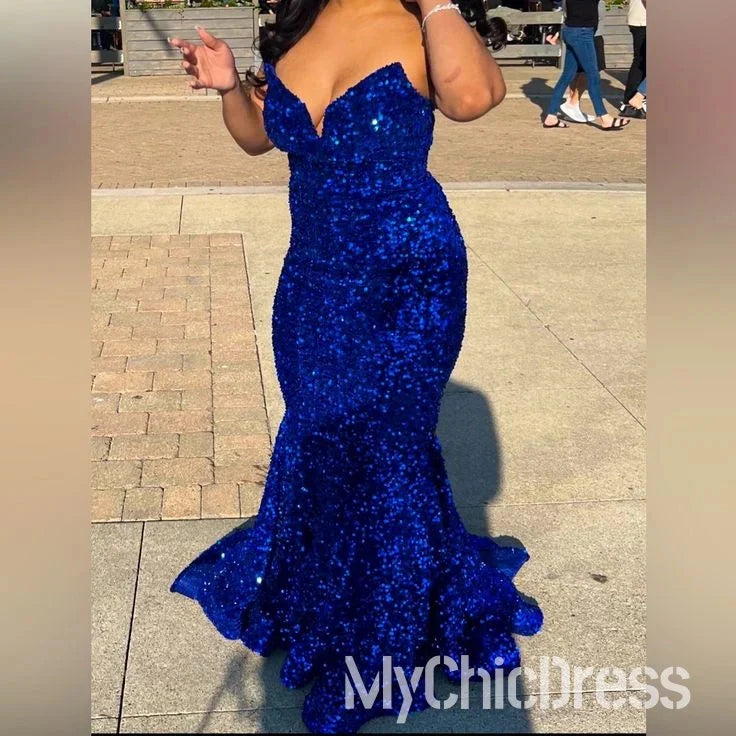 Long Red Prom Dresses Glitter Sequin Mermaid Evening Dress