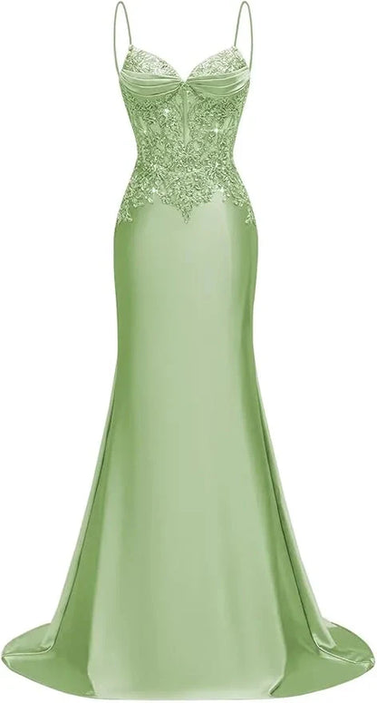 Long Silk Satin Mermaid Lace Beaded Prom Dresses for Women